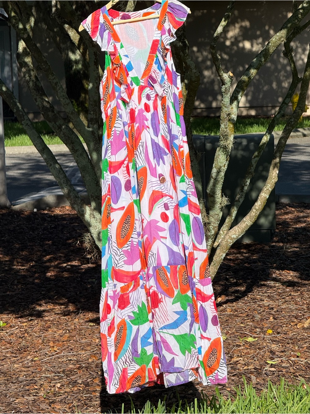 Oliphant Maxi Dress Bright Tropical Colors Ruffle V-Neck Silk Cotton Zipper